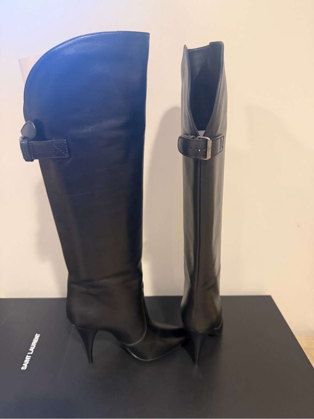 Saint Laurent Black Leather Over-the-Knee Stiletto Boots with Buckle